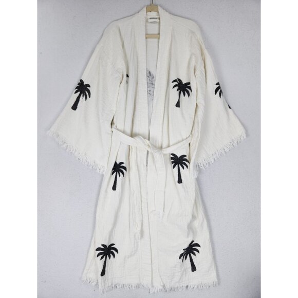Club Teal Robe Womens One Size Cream Off White Hand Made Palm Tree Resort Kimono - Picture 2 of 11